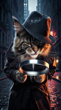 Tabby Cat Detective in Fedora and Trench Coat on Rainy Night Street
