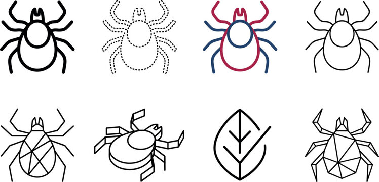 Tick Insect Parasite Line Icon Set Featuring Outline Dashed Geometric Polygonal Isometric Style Variations and Leaf Symbol for Pest Control Infographics