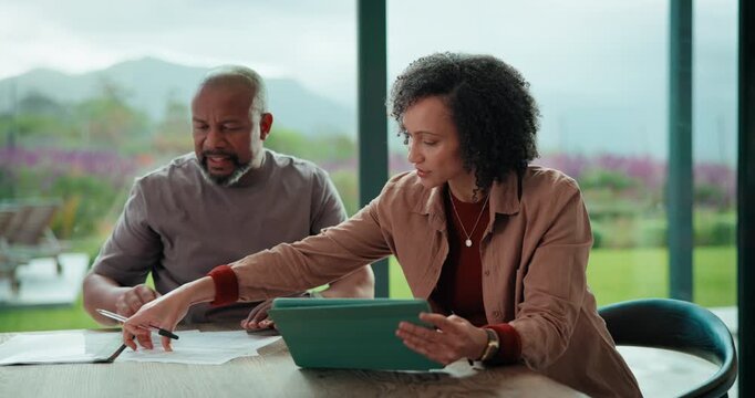 Bills, tablet and couple stress in home with angry discussion, frustrated and wrong decision. Upset, bad communication and black people with documents and tech for financial report, debt or insurance
