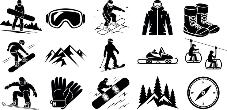 Winter mountain sports silhouette icons set with snowboarders skiers snowmobile jacket goggles boots and compass for alpine resort adventure and extreme cold outdoor activities