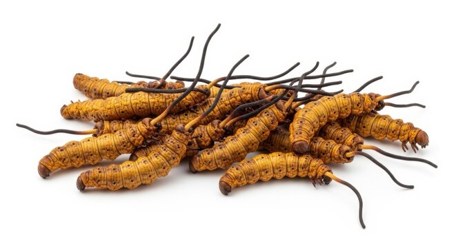 Pile of Dried Ophiocordyceps Sinensis Caterpillar Fungus Isolated
