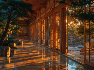 Fototapeta premium Warm sunset golden light streams down an old traditional temple corridor, wet ground mirrors wooden pillars and soft light, filling the quiet historic space with calm Zen atmosphere and vintage charm.