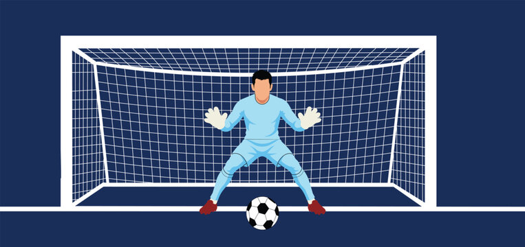 Soccer goalkeeper defending goal with football ball flat vector illustration isolated on blue background