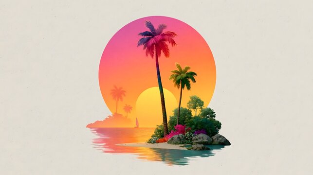 Tropical island with palm trees sunset gradient pink orange yellow sky and water relaxation vacation paradise illustration theme.