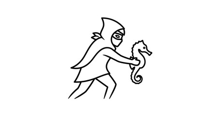 Fototapeta premium Mysterious Ninja Steals Seahorse in Whimsical Line Art