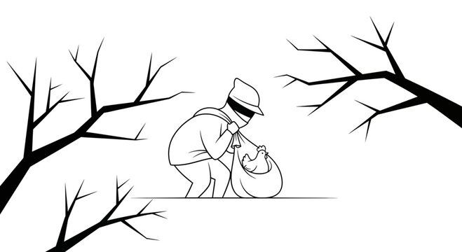 Mysterious Thief Stealing from Nature: Silhouette of a Burglar in a Forest
