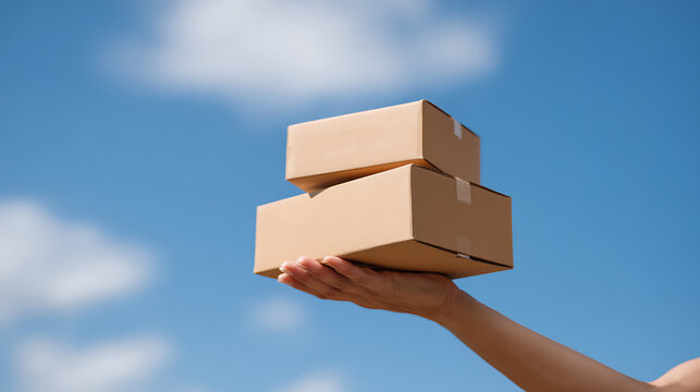 Open Hand Delivers Cardboard Parcels Against Clear Blue Sky, Symbolizing Swift Delivery, Logistics, And Global Shipping Services