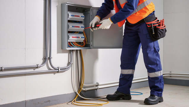Electrician Wiring a Breaker Box
Professional Electrical Panel Service
Technician with Screwdriver at Work
Testing Circuitry with Multimeter
Maintenance Worker on Step Ladder
Organizing Cables