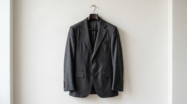 Elegant Charcoal Grey Men's Suit Jacket Hanging on a Minimalist White Wall, Professional Corporate Fashion and Formal Career Attire Concept with Natural Soft Lighting