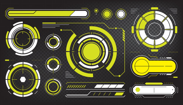 Sci-Fi HUD UI Element Set &ndash; Futuristic Cyberpunk Target Reticles, Loading Bars, and Tech Infographic Vector Panels