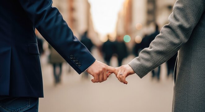 Couple holding hands in a city street