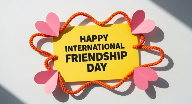 Happy international friendship day celebration with yellow card and pink hearts