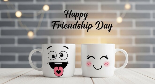 Happy friendship day concept with two smiling face mugs on a light wood surface
