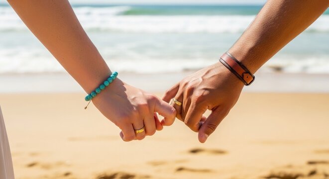 Interlocked hands with wedding bands on a sandy beach symbolizing love and commitment