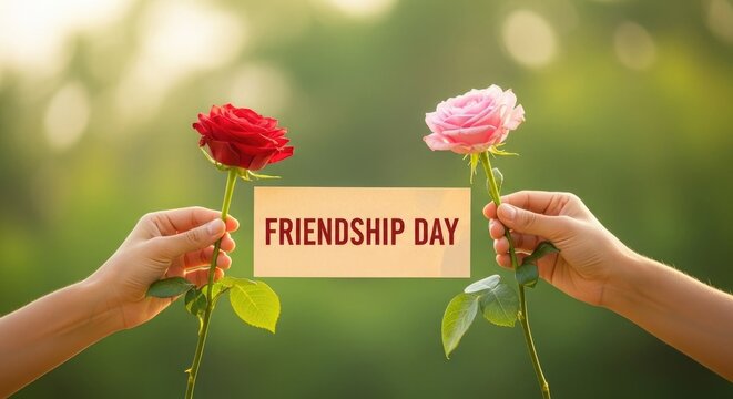 Friendship day concept hands holding red and pink roses with message