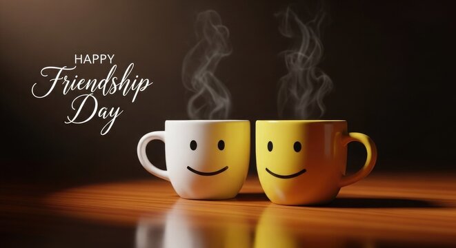 Happy friendship day concept with two steaming yellow coffee cups with smiling faces