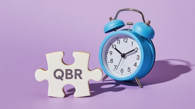 Blue twin-bell alarm clock and a jigsaw puzzle piece with qbr text on a purple background