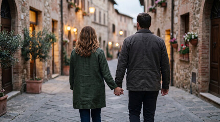 Romantic couple walking hand-in-hand down a charming, ancient cobblestone street in a beautiful historic European town. © Laura