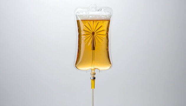 IV drip bag filled with beer creative concept for alcohol treatment or hangover cure