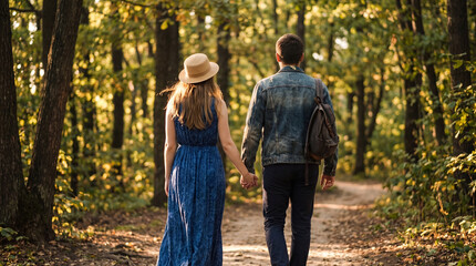 Fototapeta premium Young couple holding hands, walking on a sunlit dirt path through a verdant forest, enjoying a peaceful summer day.