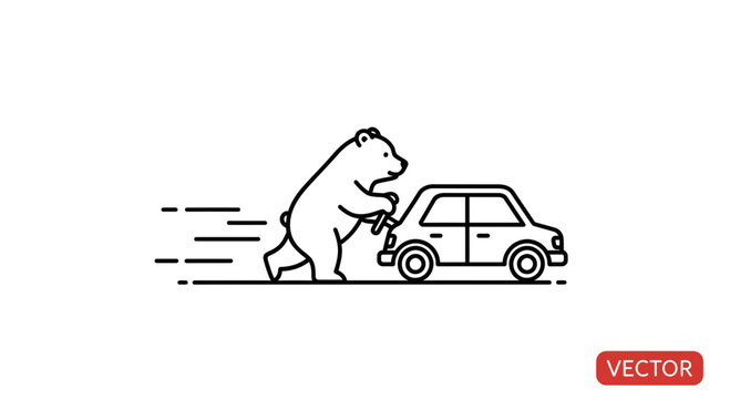 Funny bear pushing a car, cartoon style, humor, motion, driving, travel