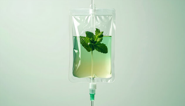 IV drip bag with fresh mint leaves infused in green liquid for health and wellness studio shot