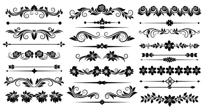 Floral ornament collection with swirls and leaves decorative black silhouette