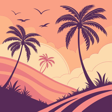 Tropical landscape with silhouetted palm trees rolling hills a colorful sky stylized clou
