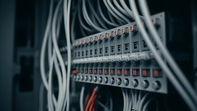 Closeup of network patch panel in server room