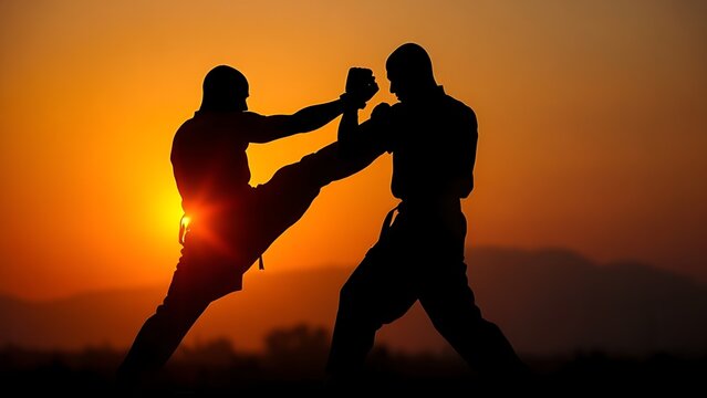 Silhouette of two fighting athletes sparring at sunset hillside