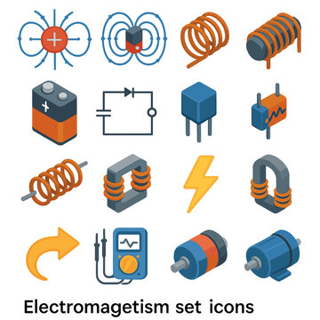 Set of isometric icons representing electromagnetism and electrical components