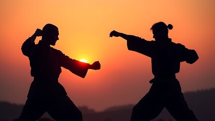 Fototapeta premium Silhouette of two martial artists sparring at sunset