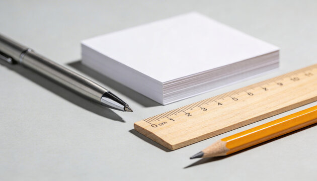 Stack of white paper with pen ruler and pencil for reentry employment office or school work