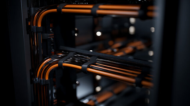 Close-up of neatly organized orange and black computer power cables inside a PC case, showcasing modern technology and efficient wiring