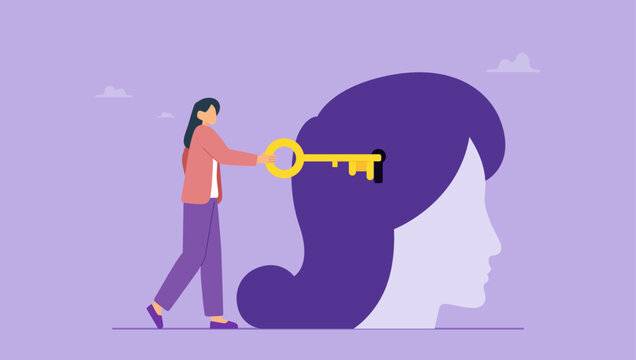 Woman holding a key unlocking businesswoman mind. Unlock and Read minds, opening mind conceptual.