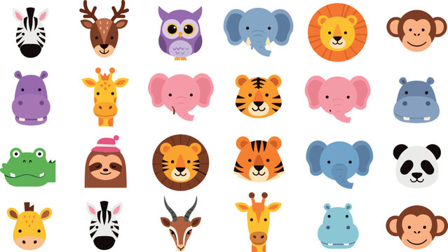 Cute Kawaii Wild Animal Face Icon Set with Lion Elephant Giraffe Tiger Panda Owl and Safari Characters Collection