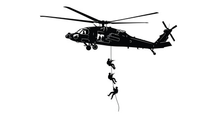 Military helicopter with rappelling soldiers in black silhouette © MdKabir