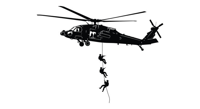 Military helicopter with rappelling soldiers in black silhouette