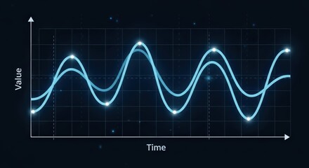 Fototapeta premium Digital graph showing two glowing blue wavy lines representing data values over time on a dark background with sparkling particles.