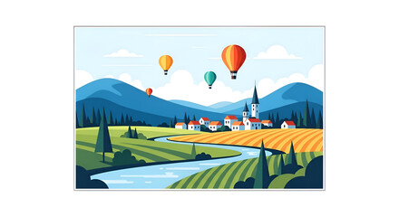 Fototapeta premium Scenic village with hot air balloons flying over rolling hills and river illustration