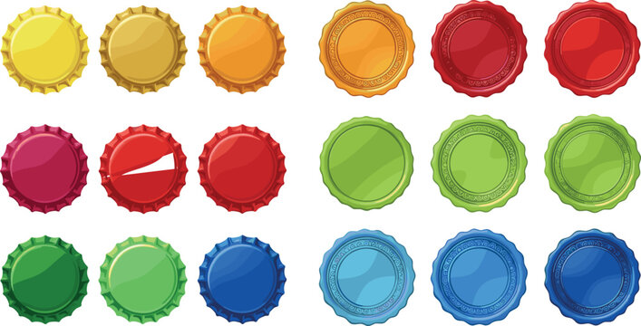 Colorful Metal Bottle Caps and Glossy Circular Wax Seal Stamps Vector Illustration Set Featuring Yellow Red Green and Blue Elements for Packaging Designs