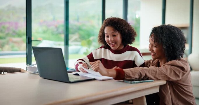 High five, mom and child on laptop with homework for online lesson, elearning and studying for test. Family, home and mother with girl on computer for success, answer and finish quiz for education