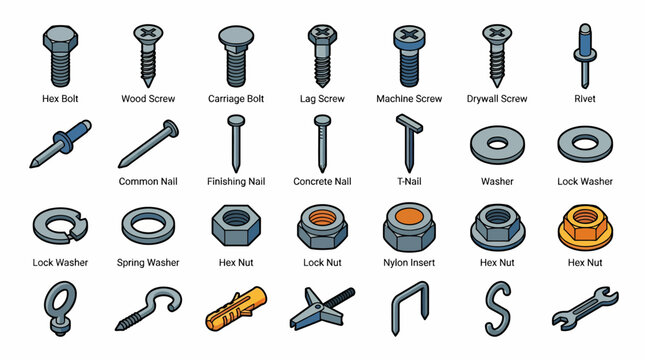 Collection of various fasteners including bolts, screws, nuts, washers, and tools.