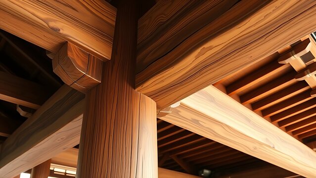 Low angle view of traditional wooden building beam and column mortise and tenon closeup