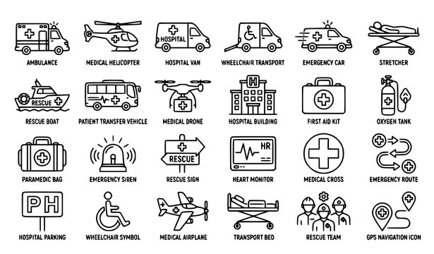 Medical Transportation Vector Icon Set with Ambulance Emergency and Healthcare Line Symbols