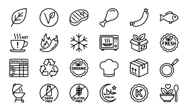 Modern Food Packaging Line Icons with Vegetarian Meat and Warning Label Symbols