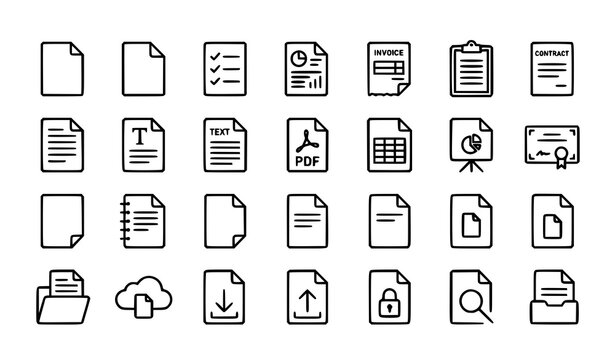 Simple Stroked Document Vector Icon Set with File Paper and Office Line Symbols