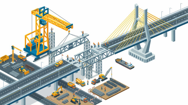 Isometric Bridge Construction Site with Heavy Machinery and Workers.
