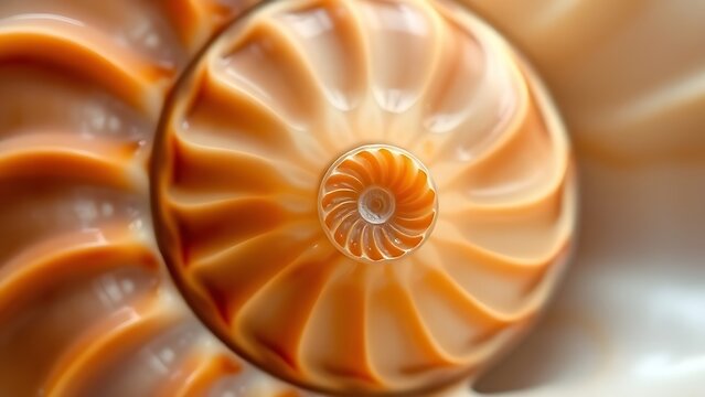 Nautilus shell cross section closeup, natural Fibonacci spiral and golden ratio