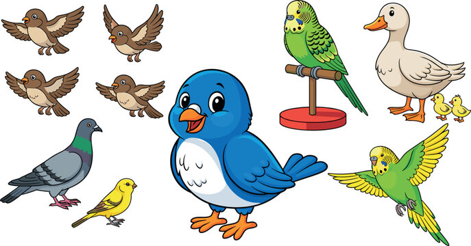 Cute Cartoon Bird Vector Set Featuring Parakeets Sparrows Bluebird Pigeon Canary and Duck with Ducklings Isolated on White Background